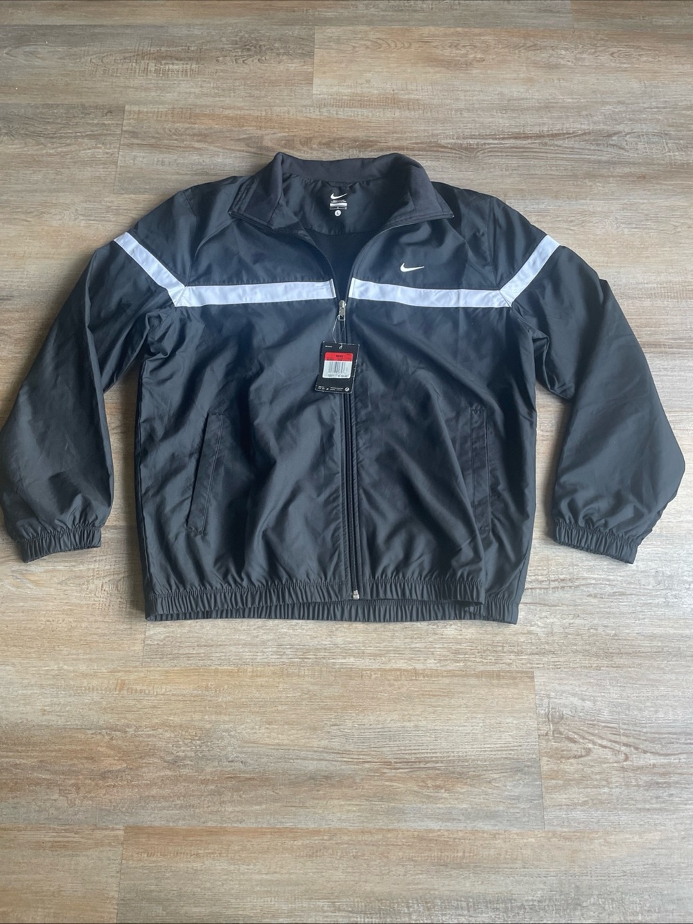 Nike Windbreaker Track Jacket Mens L Black White Stripe Swoosh Full Zip NWT